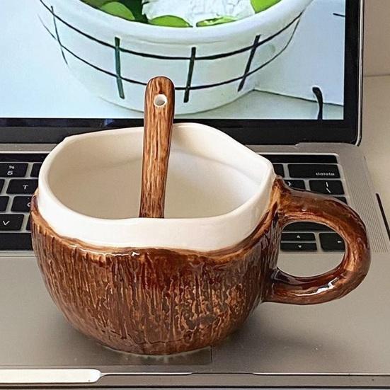 Прочная керамическая миска для овсянки, винтажная кружка из скорлупы кокоса, ручная работа, неровная кофейная чашка с ложкой, термостойкая кружка для горячих напитков, деревенская текстура