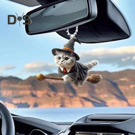 Halloween Wizard Cat Hanging Decoration Home Indoor Christmas Tree Car Rearview Mirror 2D Flat Acrylic Broom Kitten Hanging Ornament Animal Pendant