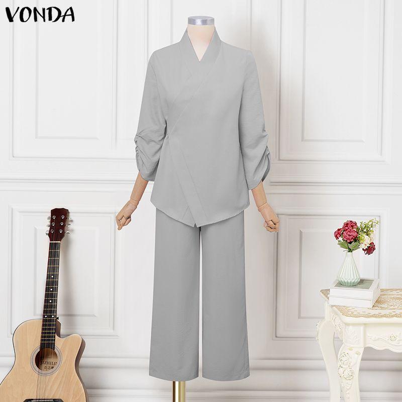 VONDA 2 шт. Женские костюмы Повседневный костюм из двух предметов: блузка с длинным рукавом и брюки, застежка сбоку