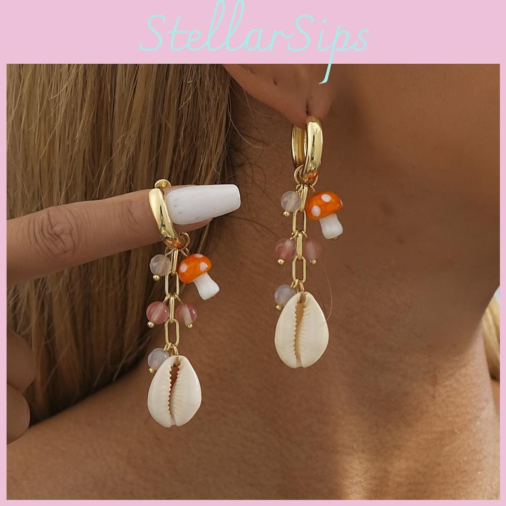 Elegant Geometric Gold-plated Copper Shell Mushroom Pendant Earrings For Women