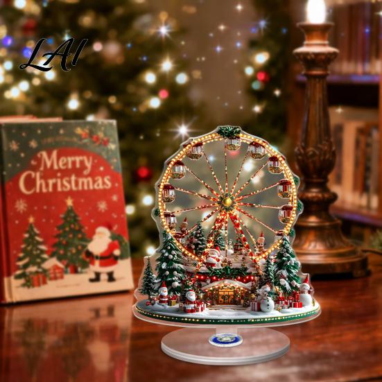 Festive Desktop Decor Acrylic Ferris Wheel Christmas Ornament 360° Rotating Snow House Tabletop Holiday Ornaments Decor Decoration for Offices Home