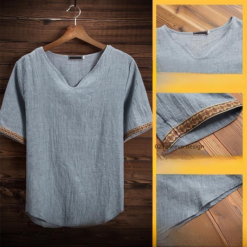 Мужская летняя корейская футболка из хлопка и льна с V-образным вырезом и коротким рукавом — дышащая, универсальная, модная, с коротким рукавом для больших размеров