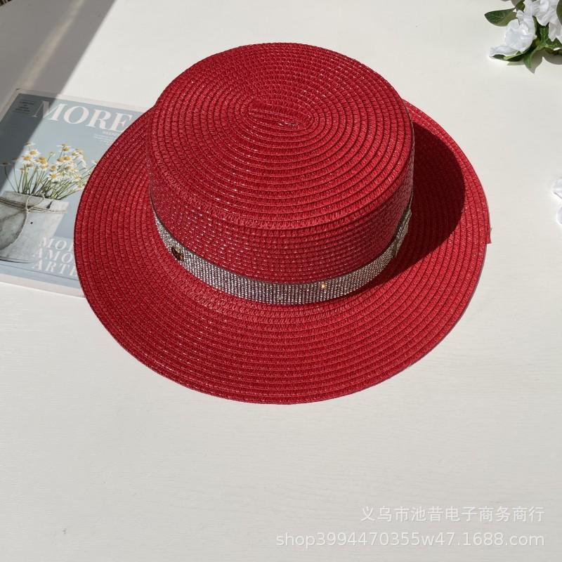 Rhinestone flat top straw hat m standard hat women's beach travel hat fashion wide brim versatile sun protection flat brim straw hat