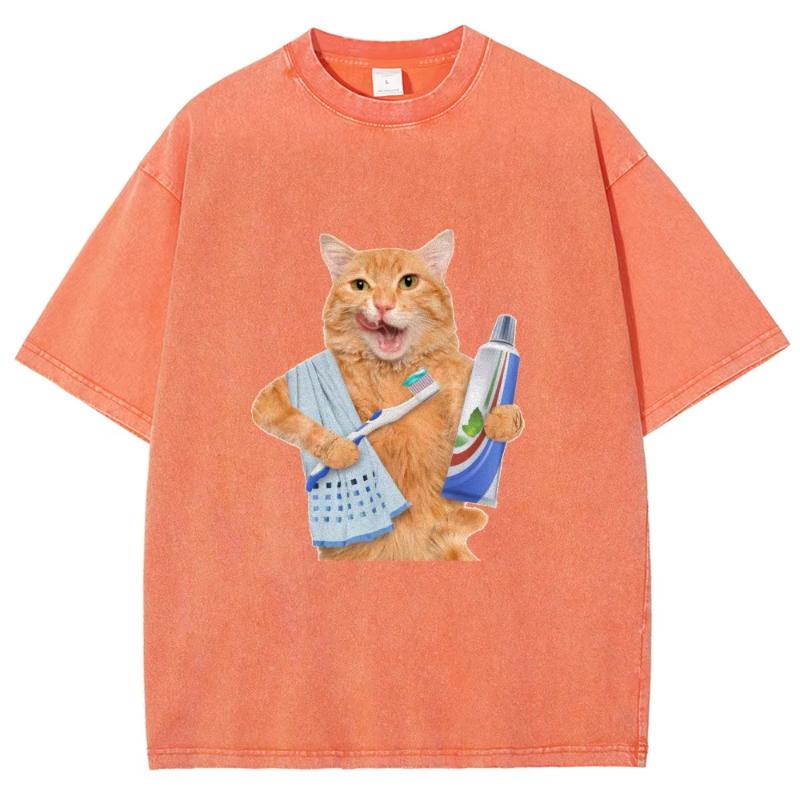 Funny Cat Design Print Washed T-Shirt Cooton Womens Summer O-Neck Oversized Tops Designer Trendy Casual Street Clothes