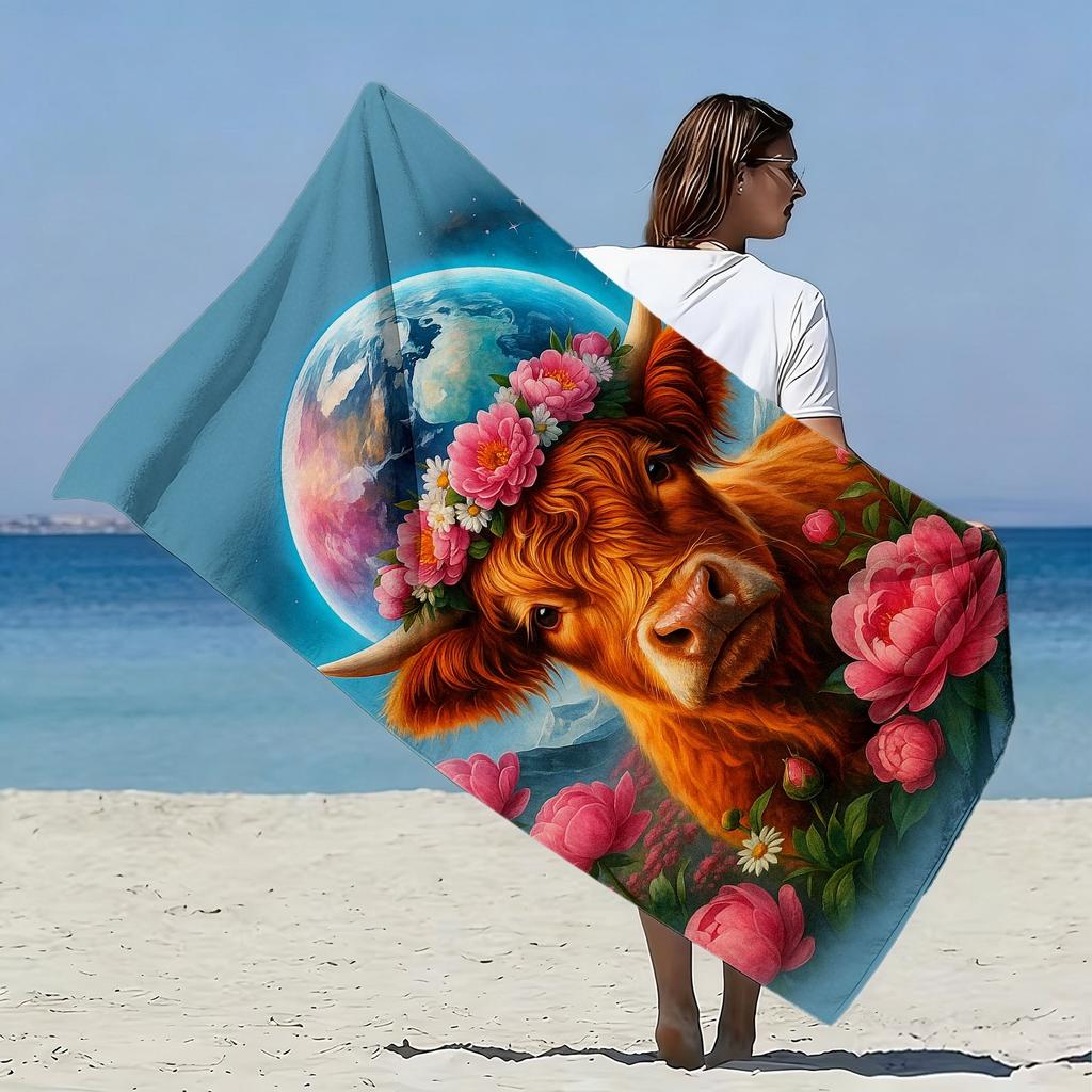 Starfield Heights Cattle Theme polyester microfiber beach towel is highly absorbent, suitable for swimming and beach outings