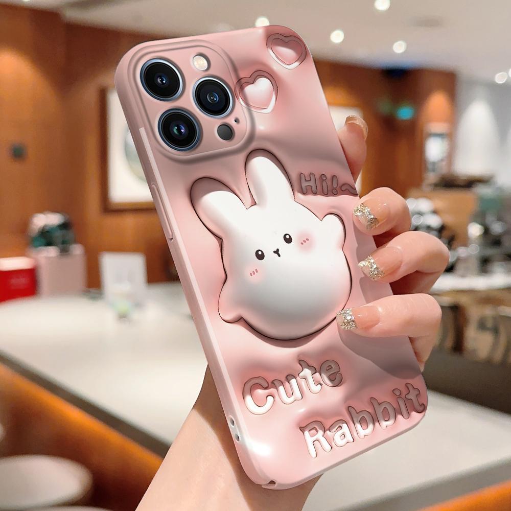 For iPhone 16 Samsung S23 A23 A52 A33 A73 A53 Huawei Xiaomi Redmi OPPO Vivo White Rabbit Design Flowers Design Full Camera Protect Hard Phone Case