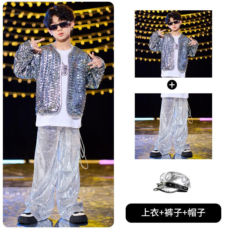 Kids Hip Hop Dance Costume Shiny Sequined Jazz Performance Set Boys Girls