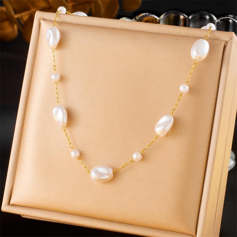 DIEYURO 316L Stainless Steel White Irregular Pearls Necklace Bracelet For Womens 2025 New Trend Golden Non-fading Jewelry Set