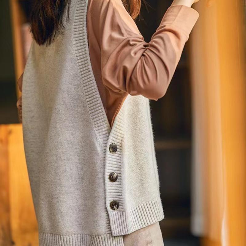 Женский вязаный свитер без рукавов жилет круглый вырез свободный