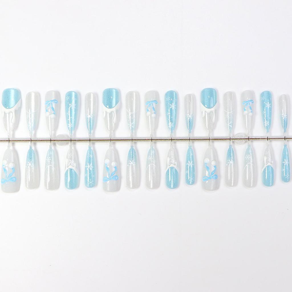 French Icy Cat Eye Press-On Nails - Embossed Translucent Winter Love Letter Design