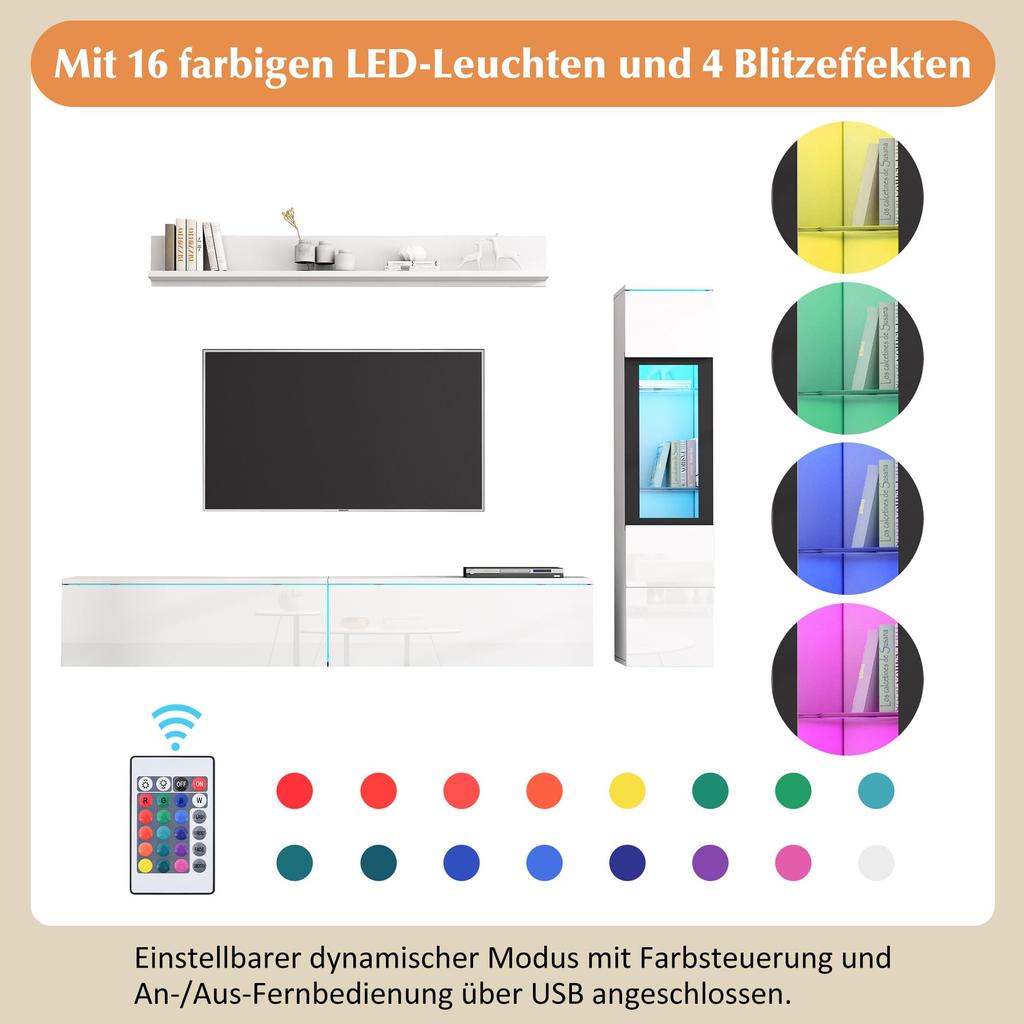 Wohnwand 3-Teilig Set, Möbel Set, Hängend, 1x TV Lowboard, 1 x 1x Wandboard, Komplett, Elegante Mediawand LED-Licht, Viel Stauraum, Weiß