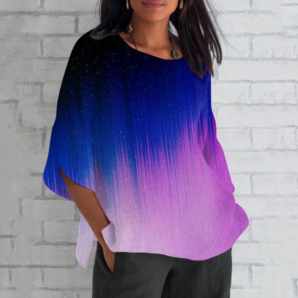 Women Summer Cotton Linen Tshirt Tops Printing Loose Fit Blouse 3/4 Sleeve Vintage Crewneck Plus Size Clothes