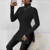 Women Knitting Tops High Collar Long Sleeve Slim Fit Sweater Tops Mid-length Side Split Design Solid Color Ribbed Tops
