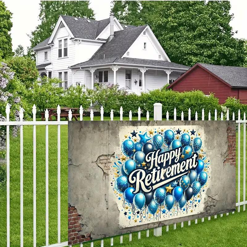 2D Happy Retirement Backdrop with Blue Balloons and Stars Party Background