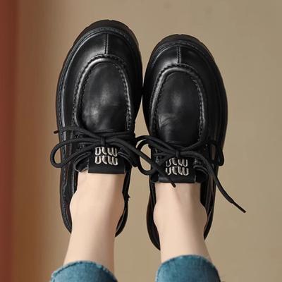 Маленькие кожаные туфли женские полированные на толстой подошве муму новый ретро-стиль круглый носок шнуровка повседневные универсальные увеличение роста