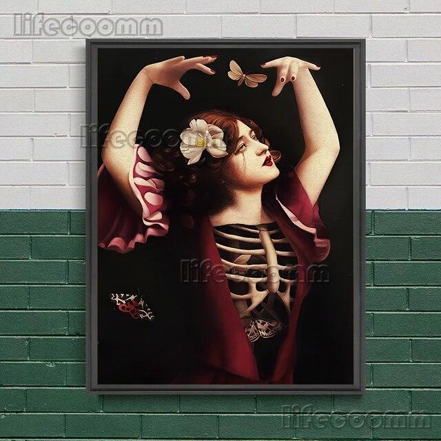 Жуткая готическая девушка в винтажном стиле, настенная живопись на холсте, бабочка, невеста и паук, леди, художественный постер и принт для декора гостиной, без рамки