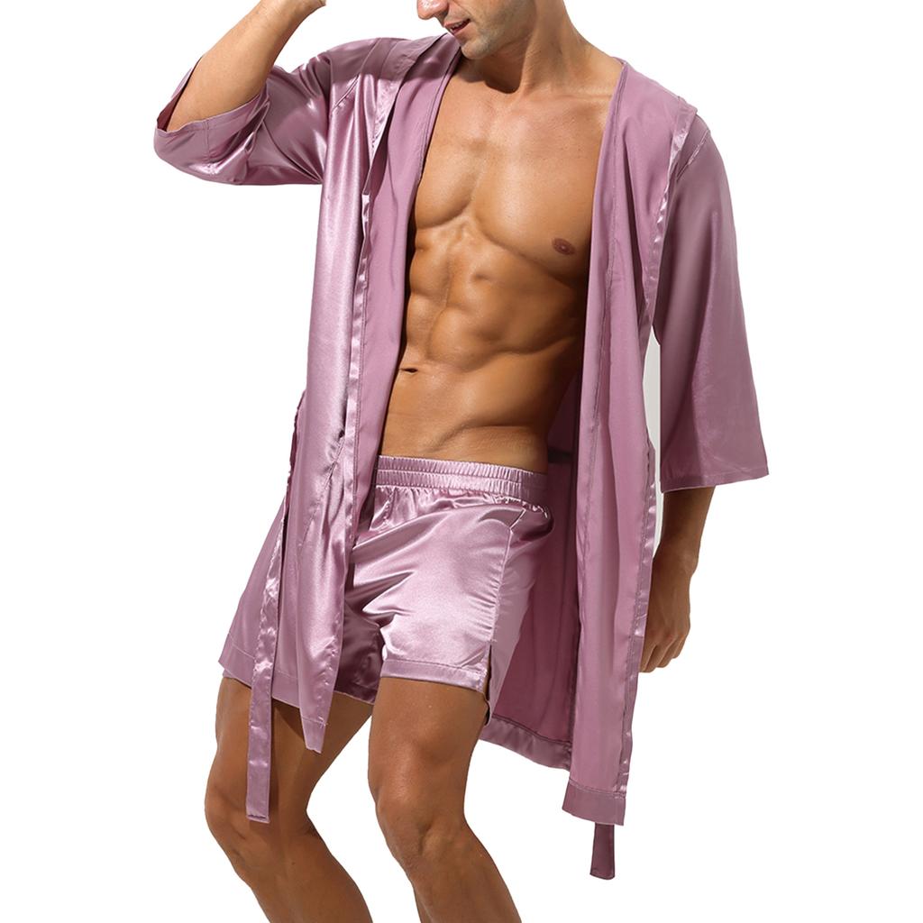 Мужской шелковый атласный пижамный комплект с коротким рукавом, кимоно, кардиган и шорты, одежда для сна, домашняя одежда