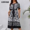 Women's Plus Size Summer New Printed V Neck Lace Up Simple Dress