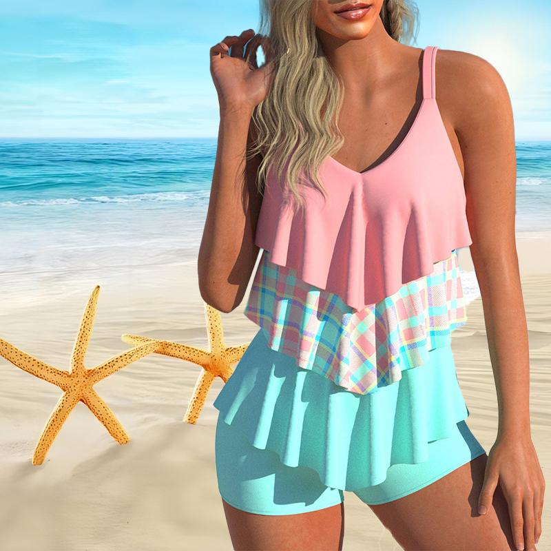 Женский купальник с бретелями, три цвета и три слоя бикини с принтом, короткая майка, купальник