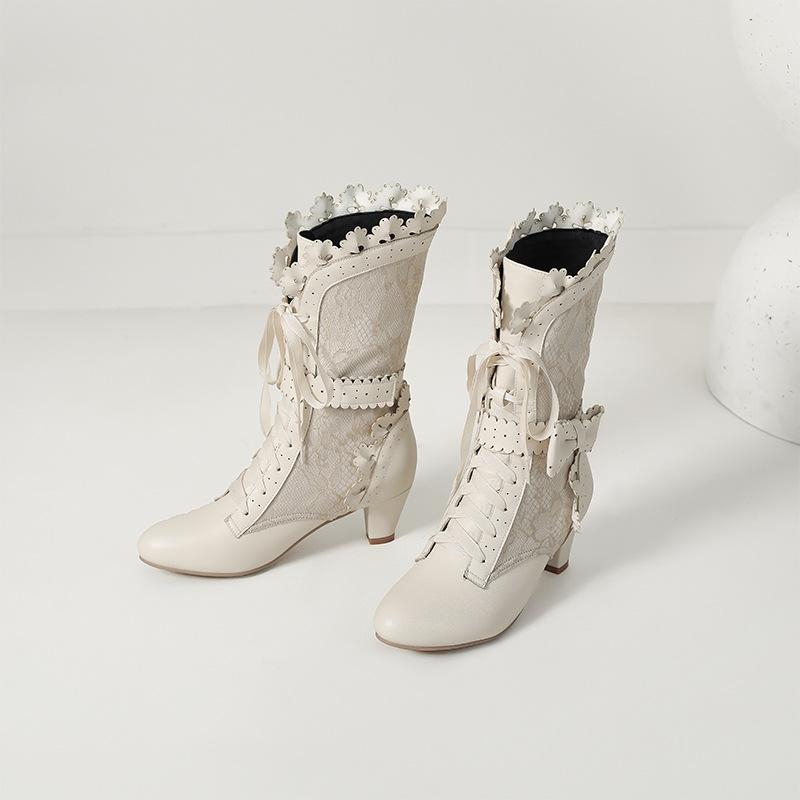 Elegant Burnt Lace Bow Lady Boots Lace Up Medium Knight Boots High Heel Boots 33-43 Large Size Boots