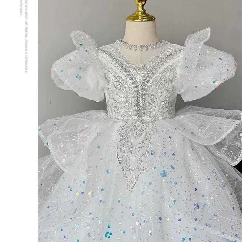 2025 Baby Girl Princess Dress Sequin Party Dresses for Children Puff Sleeves Clothing Classy Flower Girls Costume for Wedding