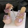 Мода Liyke Летние 16 см Туфли-стилет Женские Принт ПВХ Прозрачные Сандалии Сексуальные С открытым носком Платформа Высокий каблук Вечерние Туфли для платья Розовый