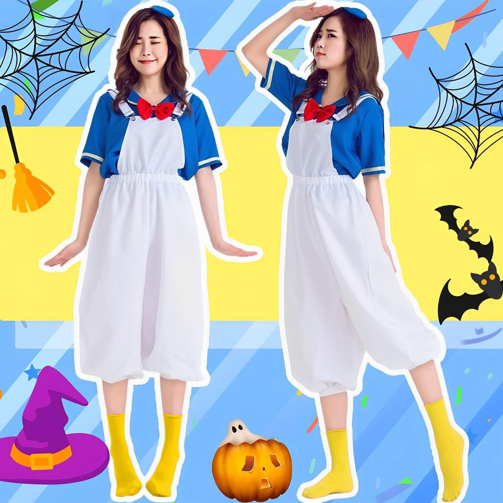 Angenster Halloween Donald Duck Cosplay Adult Sailor Uniform Duck Cosplay Navy Style Women's 5-Piece Set, Cute Adult Costume, Disguise, Uniform,