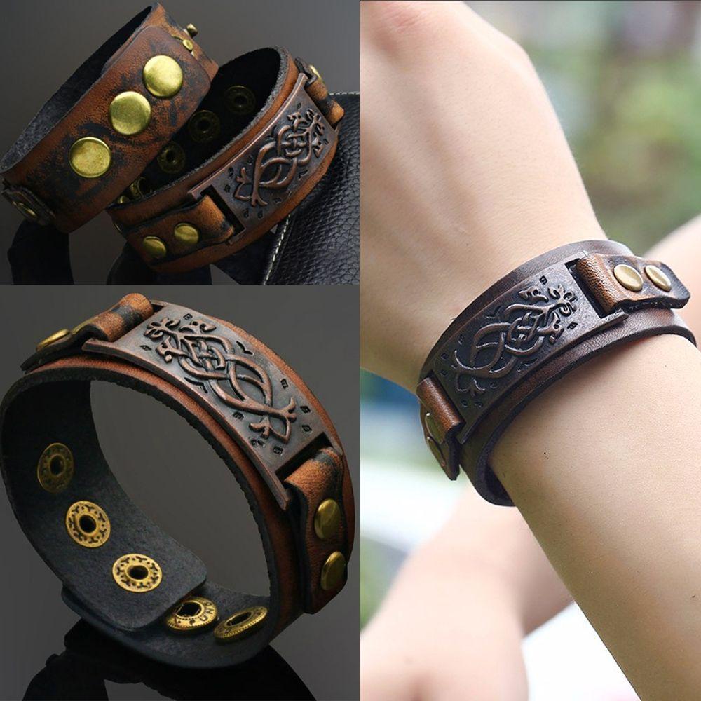 Men Women Alloy Buckle Wide Cuff Bracelet Wrap Bangle Leather Wristband Punk Snap Bracelet