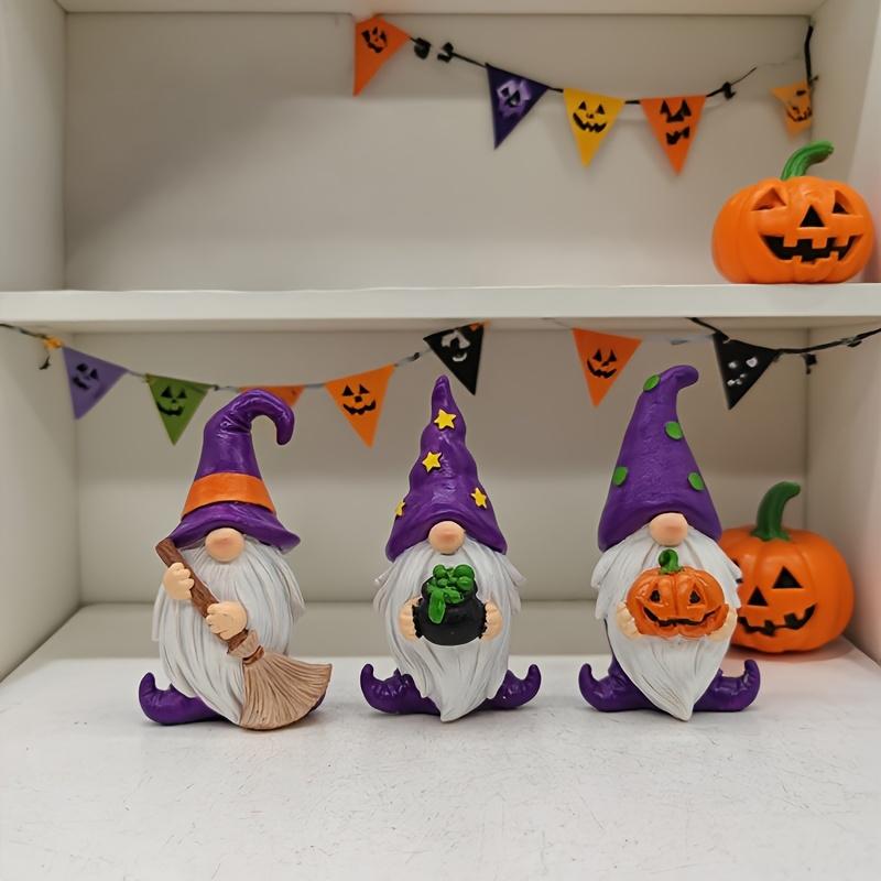 3pcs Halloween Gnome Statue Decorations Magic Broom Hat Pumpkin Gnomes Old Man Wizard Witch For Home Desktop Resin Decor
