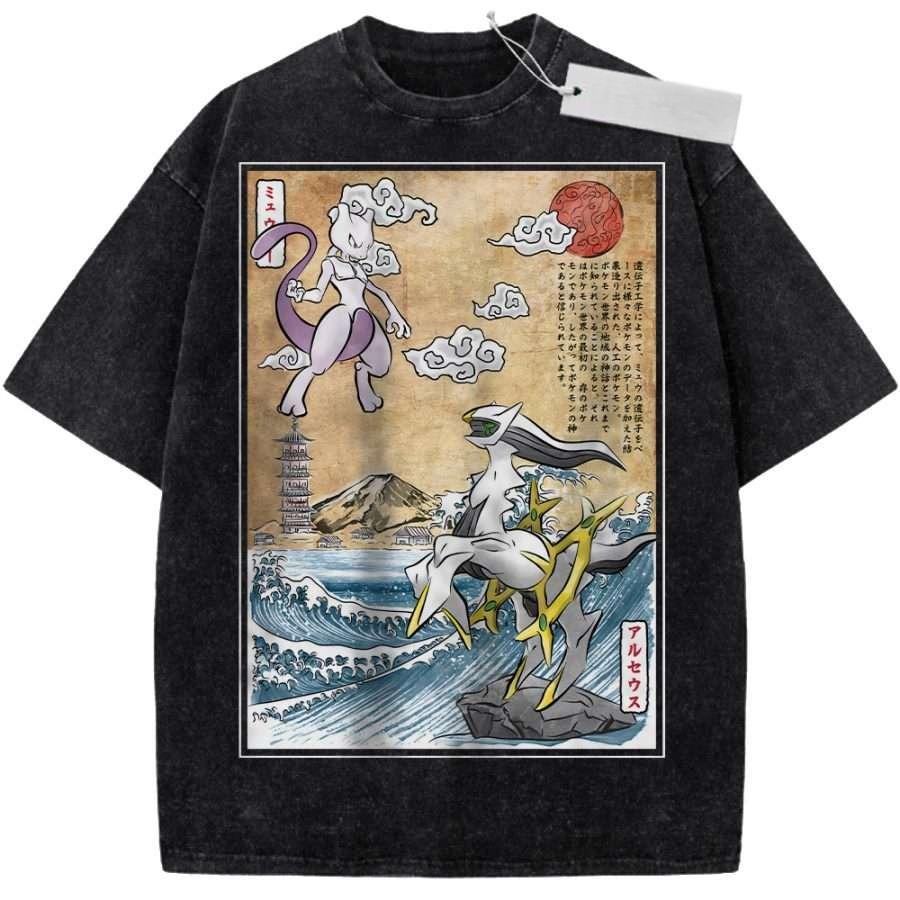 T Shirt Sports T Shirt Short Sleeve T Shirt Multi Color Unisex Pure Cotton Washed Vintage Pokemon Mewtwo and Arceus Japanese