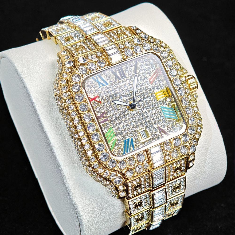 Gold Square Ice Watches Men Luxury Stainless Steel Quartz Clock Man Hip Hop Diamond Colored Roman Literal Wristwatch Droshipping