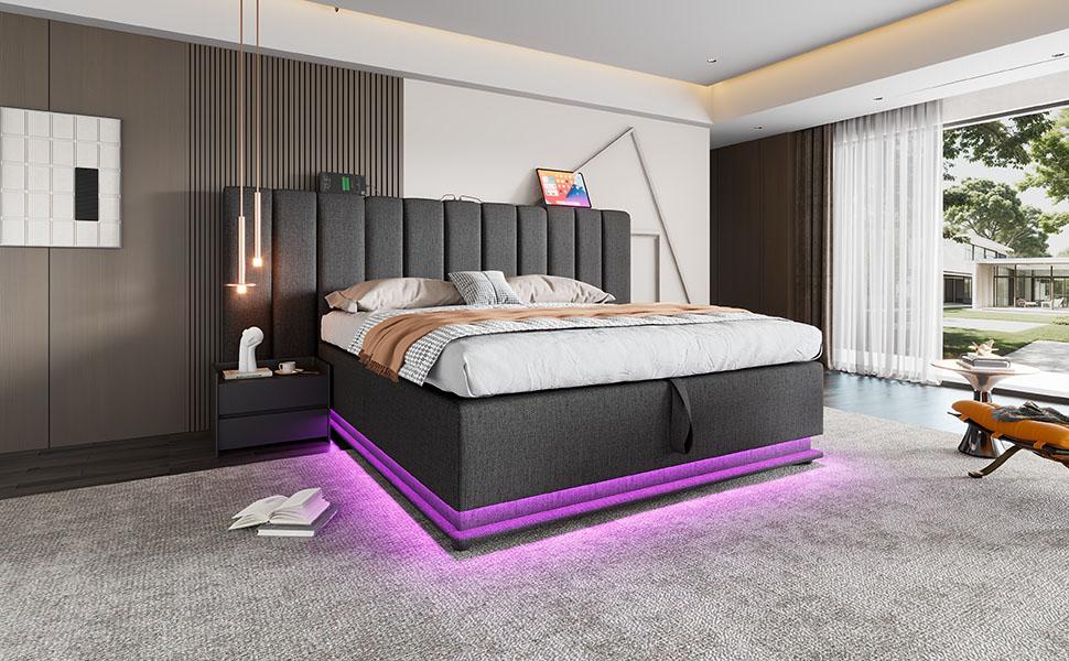 Upholstered Bed 160×200, Double Storage Bed with App Control LED, USB-C Charging, Bed Frame with Slats, Linen, Grey, Without Mattress and Nightstand