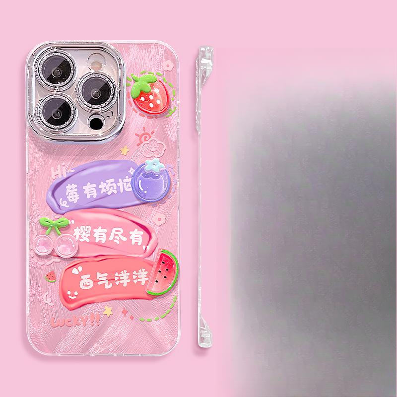 Ins Strawberry Doll Stand Applicable To Apple 16 Feather Yarn Frameless Mobile Phone Case 11 All Inclusive 13 Ultra Thin 15 Pro Women