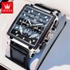 OLEVS Men's Wrist Watch Big Dial Square Quartz Watch for Men Leather Strap Waterproof Chronograph Sports Clock Relogio Masculino