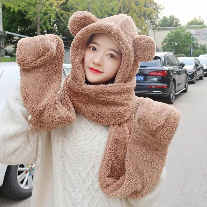 Шапка с медведем, корейская осенне-зимняя женская шапка, уличный велосипедный шарф с капюшоном, перчатки, один шарф, чтобы согреться