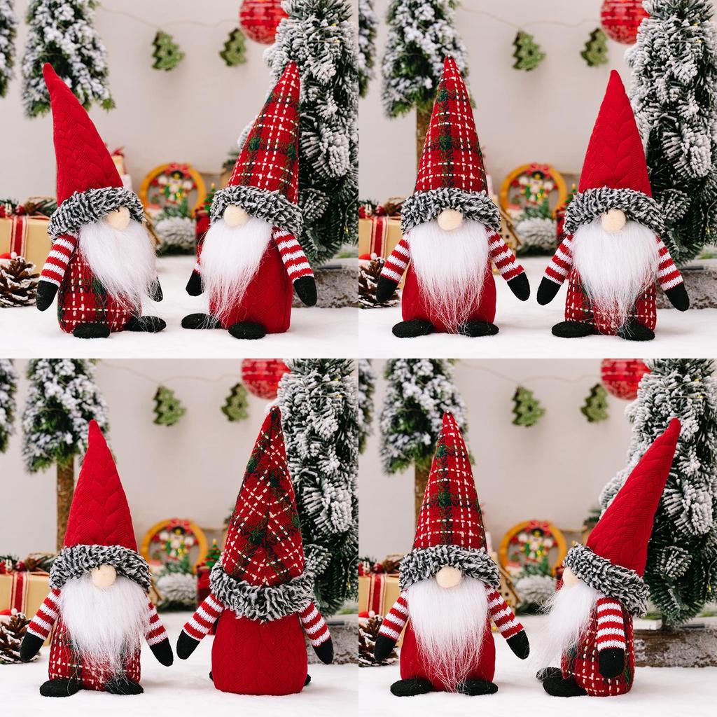 Charming Christmas Gnome Figurines With Cozy Plaid Hats Perfect For Festive Decorations