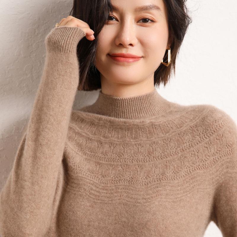 Winter Half-turtleneck Cardigan for Women for Women's First-line Ready-to-wear Hollow Knitted Base Shirt Soft and Glutinous Warm Cashmere Top