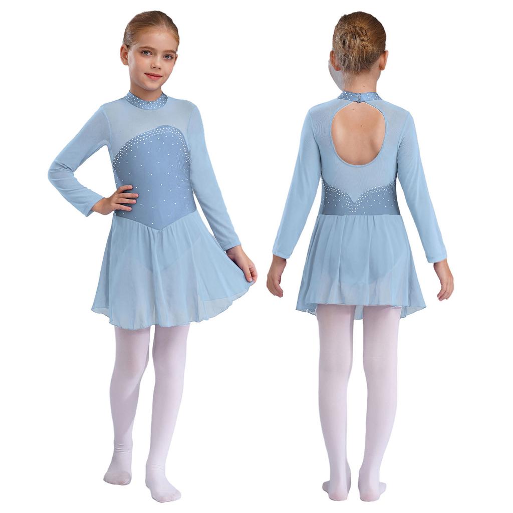 Shiny Rhinestones Dance Leotard for Girls Sheer Mesh Long Sleeves with Keyhole Back Figure Skating Ballet Dress