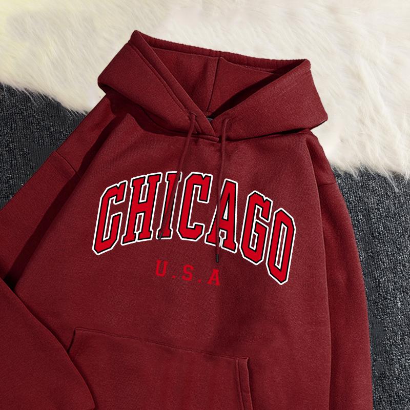 Повседневная женская толстовка с капюшоном Chicago Usa City Letter Graphic Printing Pullover Флисовая удобная толстовка с карманами Осенняя уличная одежда