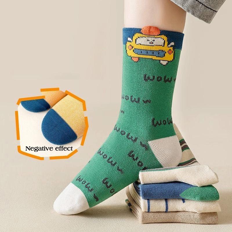 5 Pairs Kids Cartoon Car Mid Tube Socks Autumn Winter Cotton Warm Sport Socks For Boys Baby Children Footwear Age 1-12