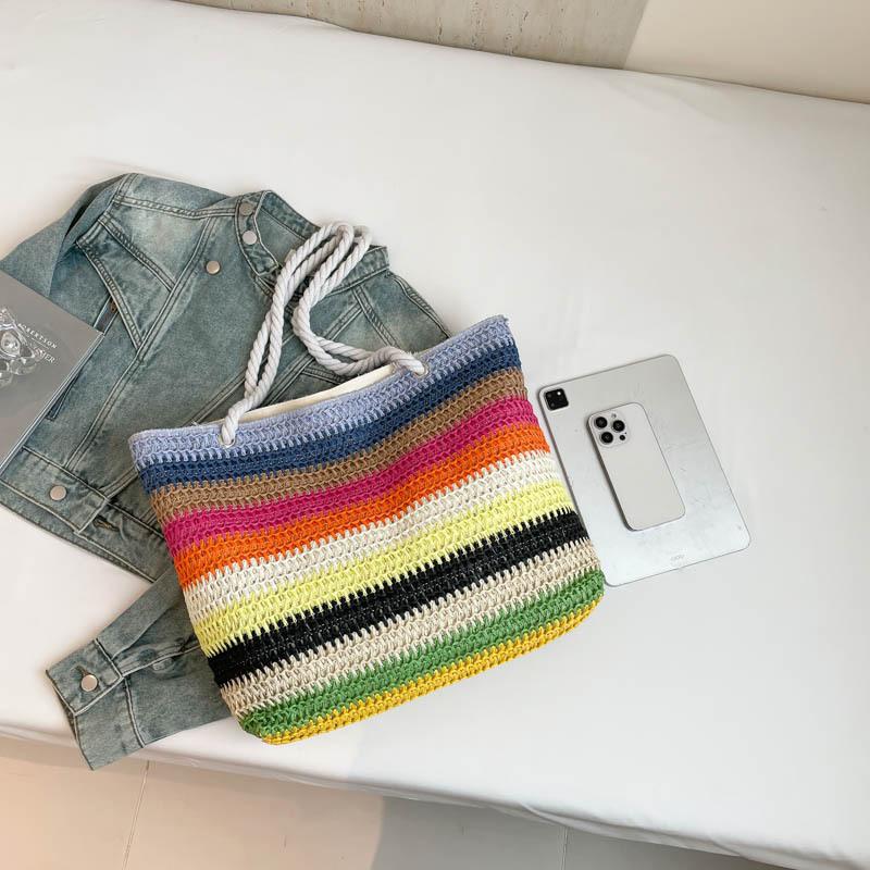 Повседневная пляжная сумка с полосатым переплетением Большая вместимость Пляжная сумка в ленивом стиле Радуга в стиле бохо Полая сумка-тоут в уличном стиле