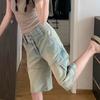 Retro Washed Vintage Workwear Jeans for Women Summer High Street Nostalgia Straight Leg Casual Slimming Five Quarter Pants Trend