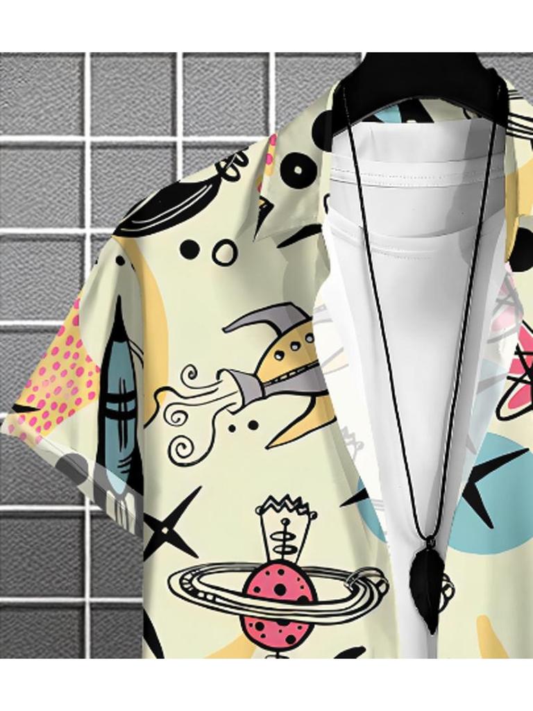 Men's Casual Shirt, Space - Themed Abstract Pattern, Short - Sleeved Light - Colored, Polyester Material, Multiple Sizes Available, Outdoor Fashion,