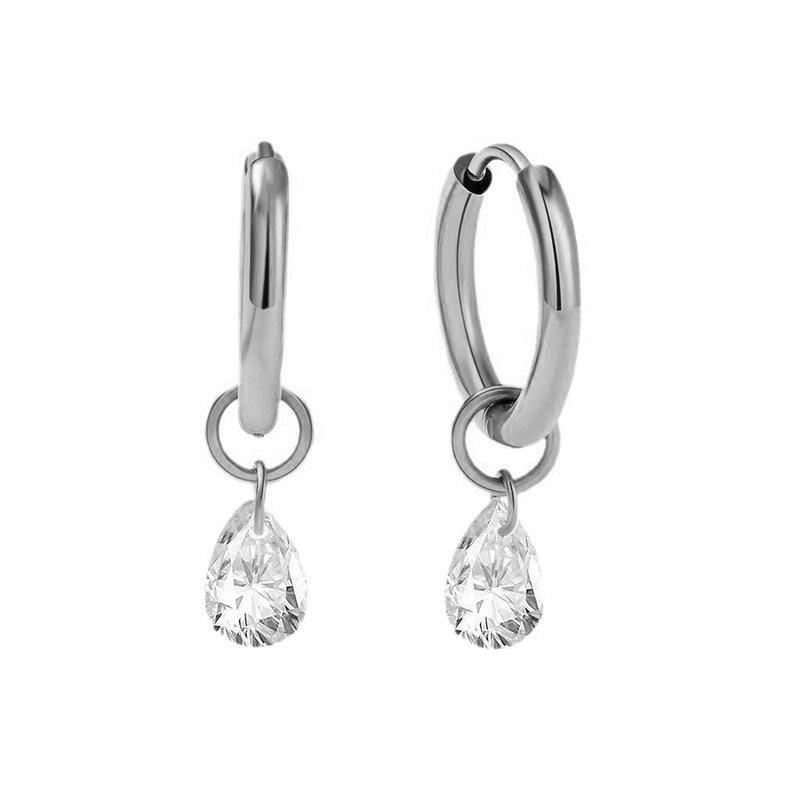Hip-hop Personality Shiny Teardrop-shaped Zircon Pendant Gold Color Stainless Steel Hoop Earrings for Women Fashion Jewelry Gift
