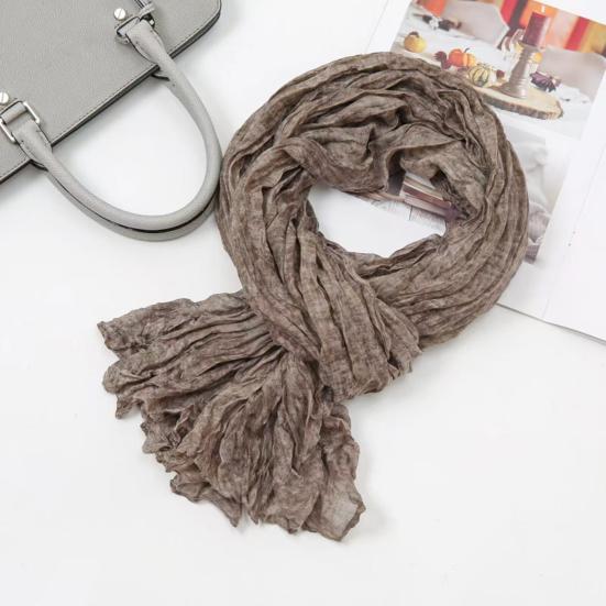 Women Scarf Solid Color Pleated Design Versatile Long Scarf Retro Style Versatile Comfortable Cotton Linen Shawl
