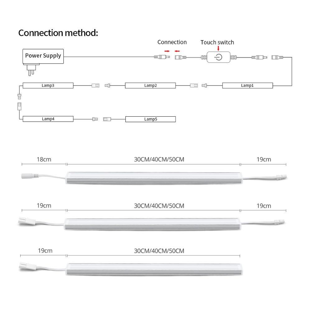 Бесступенчатое затемнение сенсорного переключателя со светодиодной подсветкой Кухонное освещение 30 см/40 см/50 см Светодиодные ленты Барные светильники Алюминиевая трубка для кухни Спальня Шкаф Освещение ЕС Plug