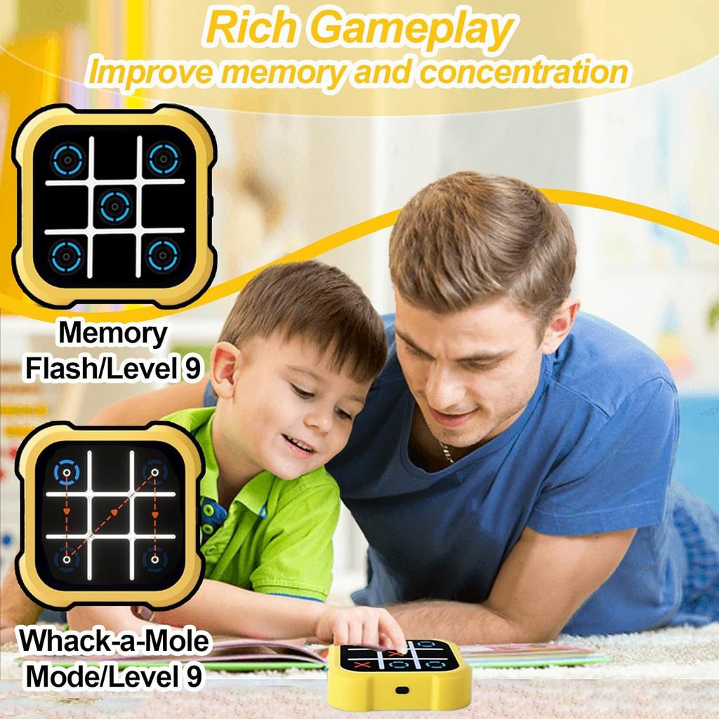 Tic Tac Toe Electronic, 3-in-1 Puzzle Game Console, Board Game, Family Portable Travel Games for Education, 3+ Year Old Boys (Yellow)