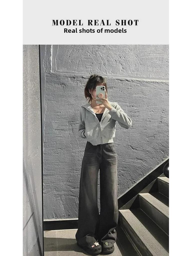 Women's Gray Hooded Zipper Cardigan - Long-Sleeve Sweater Jacket for Spring and Autumn