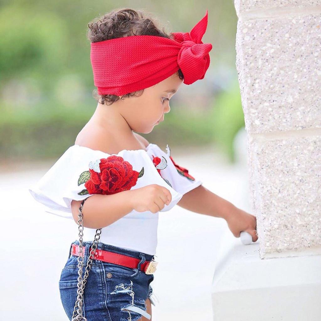 Одежда для маленьких девочек, топы с цветком розы, джинсовые шорты, брюки, комплект одежды