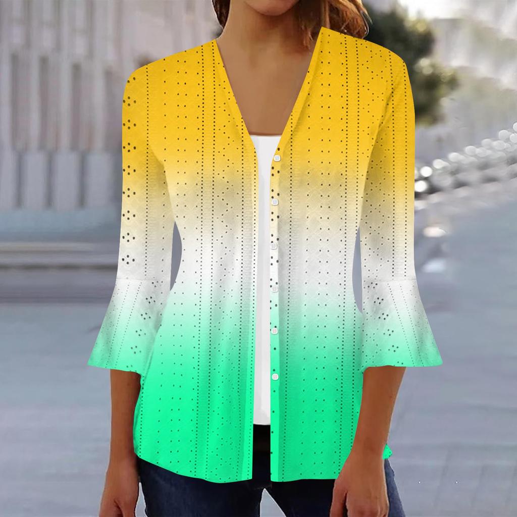 Женская мода свободный повседневный принт с рукавом три четверти рубашка на пуговицах кардиган топ
